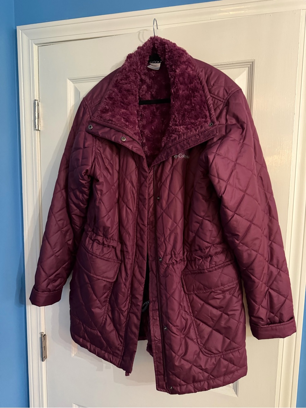 Columbia Women's Quilted Deep Burgundy Puffer Coat with Faux Sherpa Collar